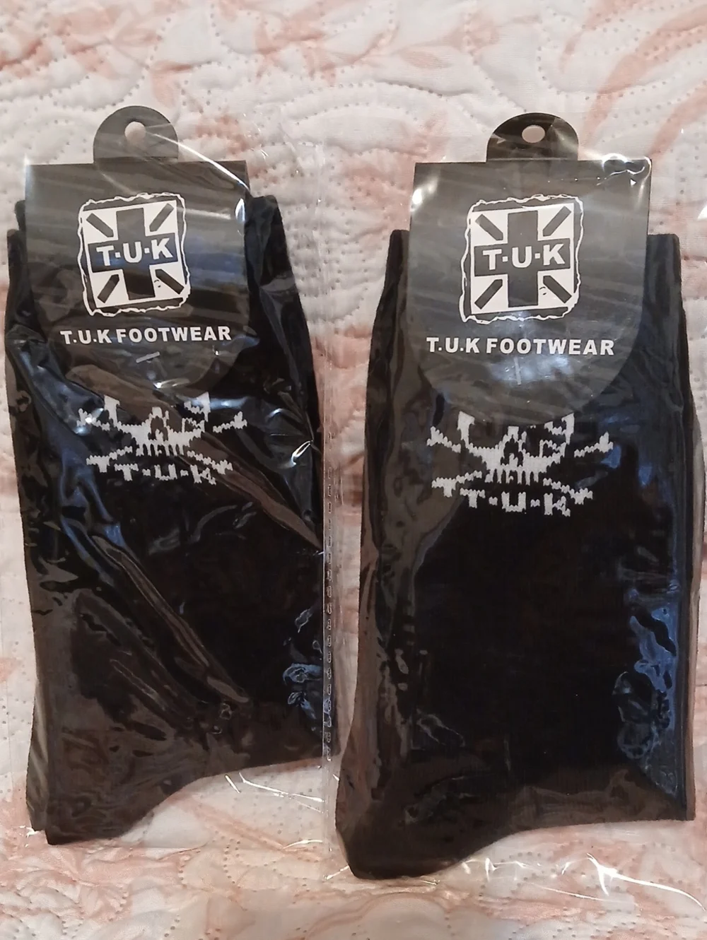 T.U.K Black Crew Socks with White Skull Logo - Pair